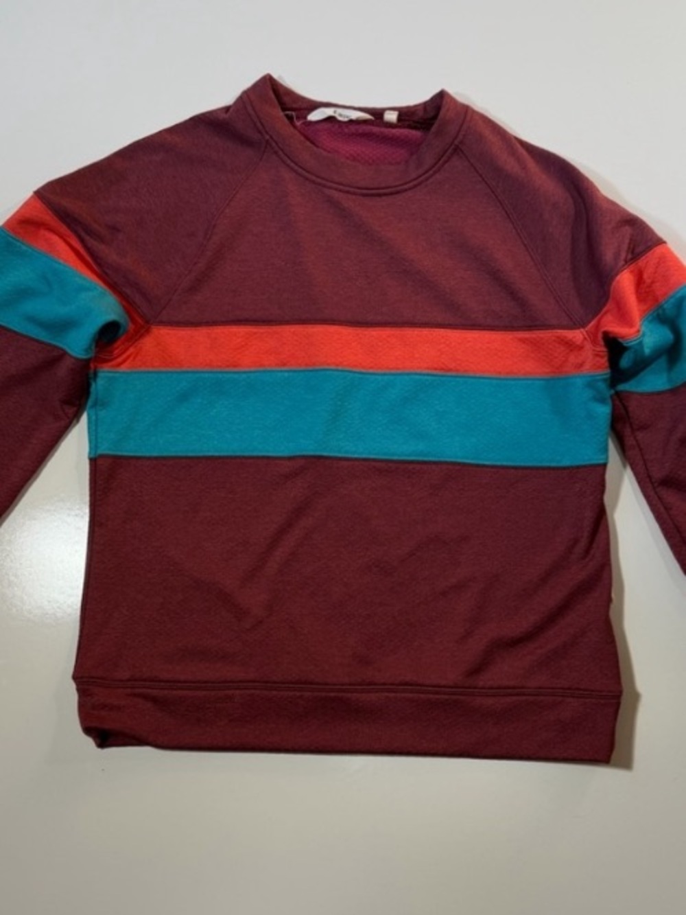 Cotopaxi Bandera Maroon Crewneck Sweatshirt with Teal and Orange Stripes-Size S